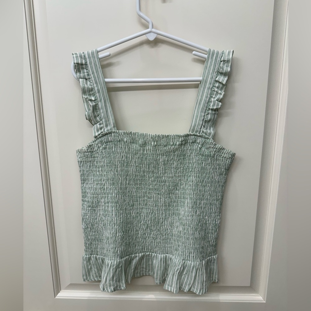 Smocked Square Neck Ruffle Tank Top - Sage Green size M
